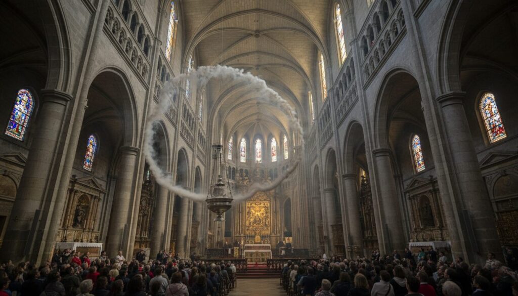 Botafumeiro - katedralens berømte gigantiske røgelsesbrænder, der svinges tværs over kirkeskibet. Dette imponerende ritual finder sted ved særlige lejligheder, typisk ved pilgrimsmesser på store helligdage eller mod betaling for grupper. At se Botafumeiro i bevægelse er en uforglemmelig oplevelse, der symboliserer pilgrimmens bøn, der stiger op til himlen.