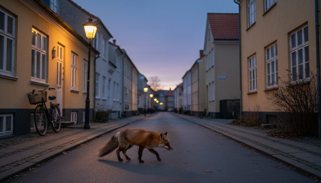 Dansk ræv i byen om aftenen på jagt efter føde
