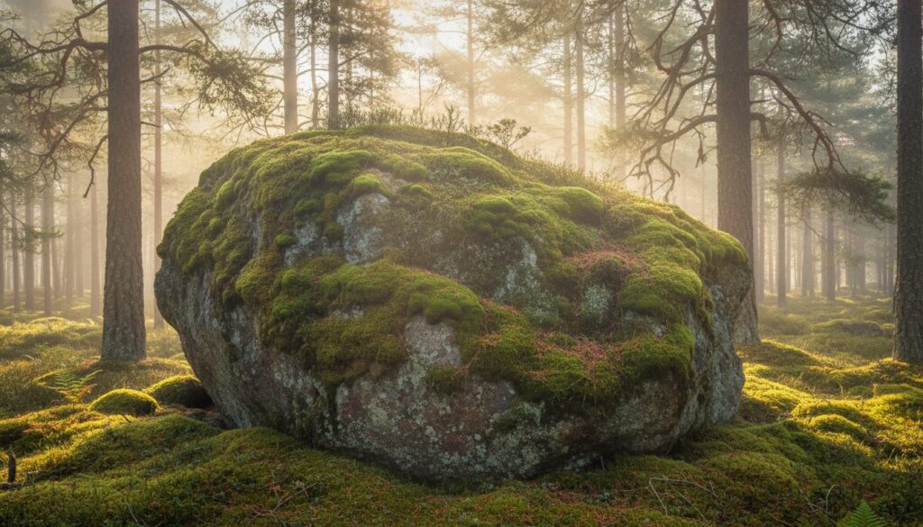 Gigantiske klippeblokke dækket af grønt mos i Tiveden Nationalpark omgivet af gammel urørt fyrreskov i morgenlyset.