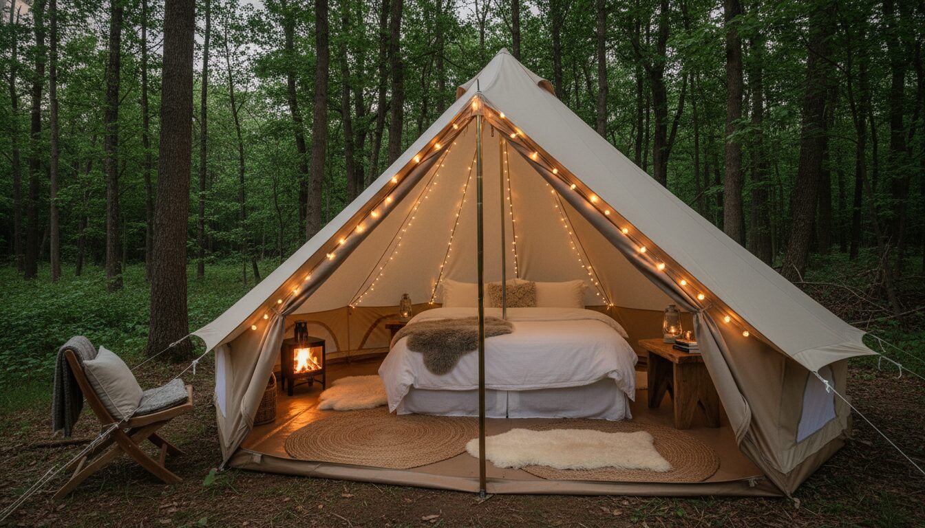 Luksuriøs indretning af et glampingtelt med en stor seng og hyggelig belysning i en dansk skov.
